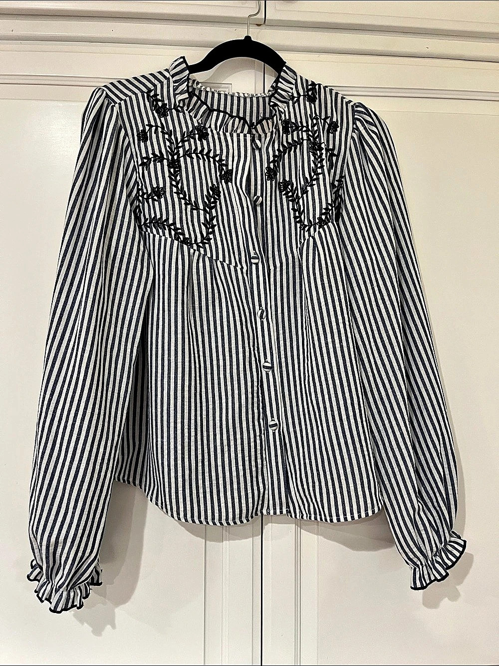 Striped Embroidered Blouse in Blue & White Like New